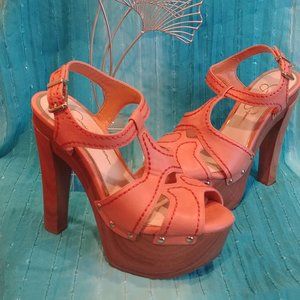 Jessica Simpson Peach Platform Strappy Leather High Heels  Size 8